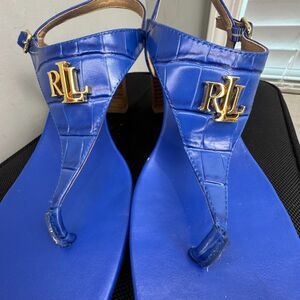 Lauren Ralph Lauren Wescott II ElectricBlue Leather Thong Sandals 8.5 | Gold RL